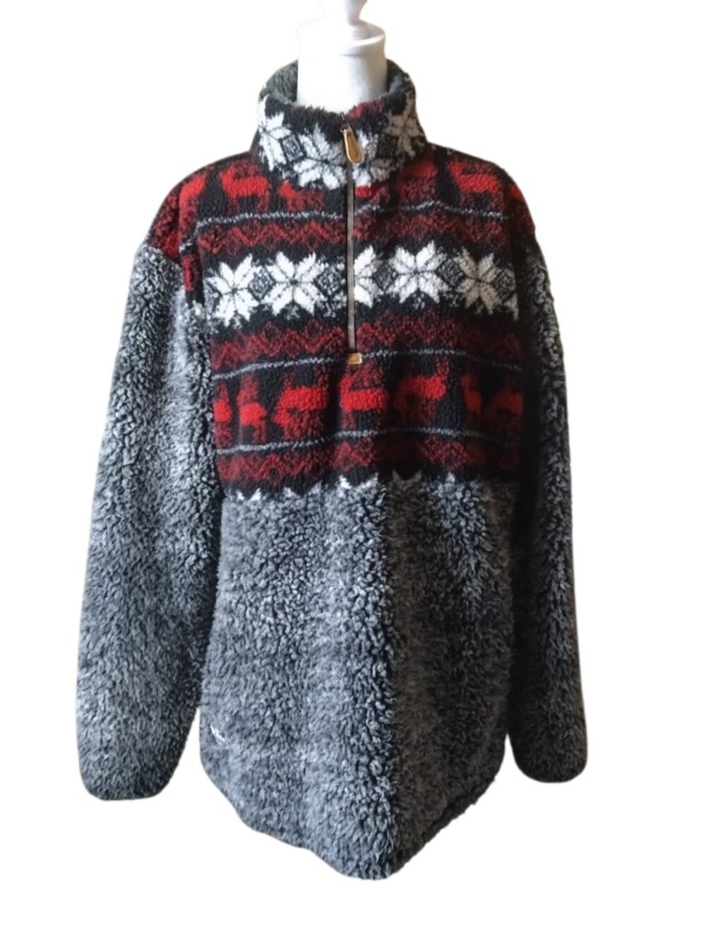 Simply Southern Women's XXL Fair Isle Reindeer Snowflake 1/4 Zip Pullover Gray